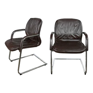 Vintage Modern Vecta Contract Brown Leather & Chrome Cantilever Pair of Chairs