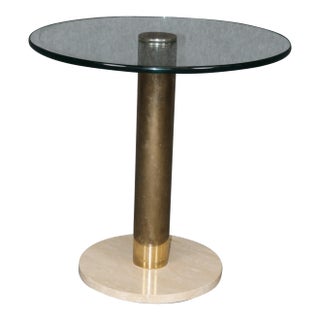 Fine Quality Mid Century Modern Brass Glass and Travertine Marble End Table For Sale