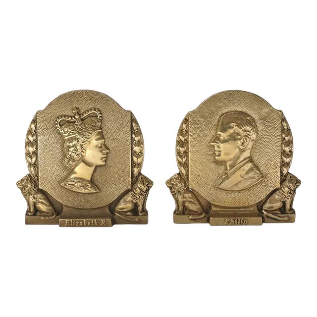1953 English Vintage Coronation Queen Elizabeth II & Prince Philip Commemorative Bookends, Gilt Bronze - a Pair For Sale