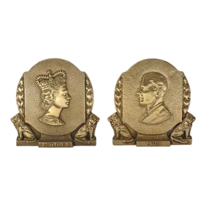 1953 English Vintage Coronation Queen Elizabeth II & Prince Philip Commemorative Bookends, Gilt Bronze - a Pair