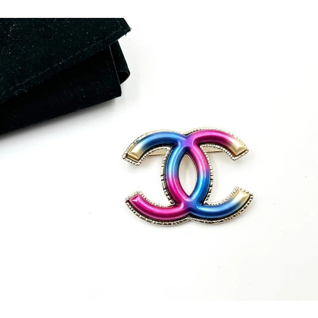 Chanel Gold CC Fuchsia Blue Brooch *Marked 17 *Made in France *Comes with the original pouch -It is approximately 1.5" x...