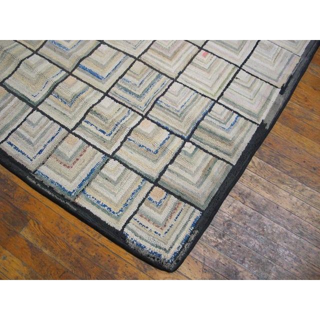 Textile 1920s Ivory Geometric Folk Art Antique Century American Hooked Rug 6' X 9'3" Handknotted Wool Carpet For Sale - Image 7 of 8