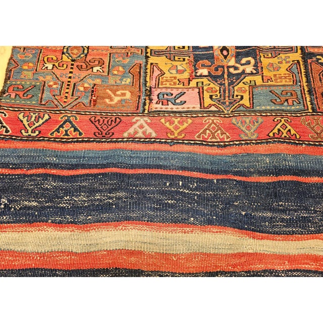 Tribal 19th Century Caucasian Soumak Rug, Hand-Knotted Wool,Tapestry Tribal Wall Art, 4' x 5' For Sale - Image 3 of 18