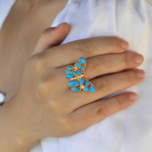 Nina Zhou Butterfly Turquoise Diamond Cocktail Ring in 14k Yellow Gold, size 9.5 For Sale In Los Angeles - Image 6 of 12