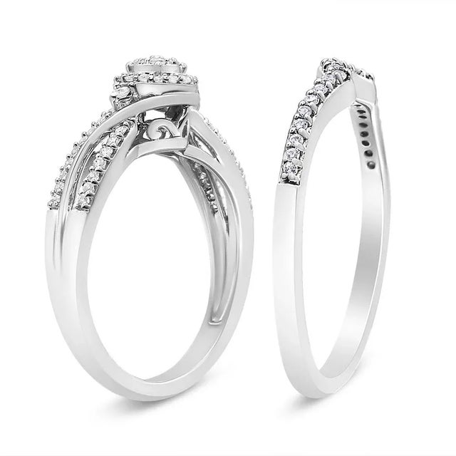 Contemporary .925 Sterling Silver 1/3 Cttw Composite Diamond Frame Bypass Bridal Set Ring and Band (I-J Color, I2-I3 Clarity) - Ring Size 7 For Sale - Image 3 of 5