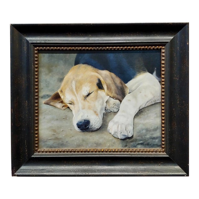 Anita Baarns - Cute Fox Hound Puppy Dog Sleeping -Oil Painting For Sale