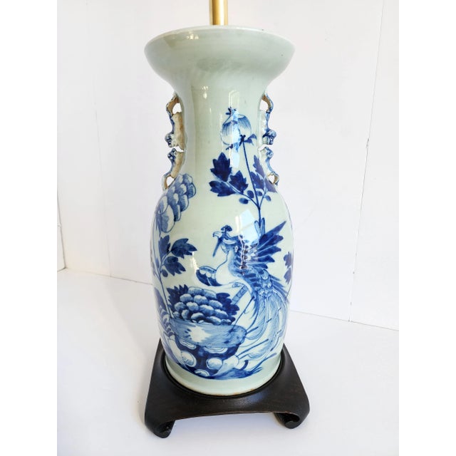 Antique 19th Century large Chinese underglaze celadon & blue porcelain baluster form vase converted as a lamp featuring...