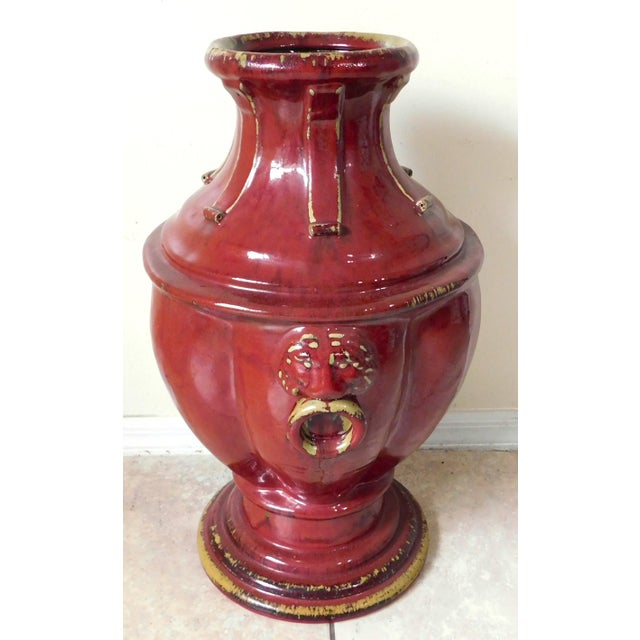 Beautiful large ornate Bombay red stoneware figural lion handle urn or vase. Solid and heavy - weighs approx. 40 lbs....