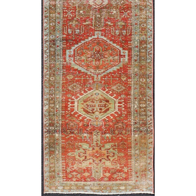 Taupe Antique Persian Heriz Distressed Runner With Geometric Medallions in Soft Colors For Sale - Image 8 of 11