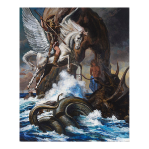 Warrior and Pegasus Fight the Kraken - Original Surrealist by Russell Tripp