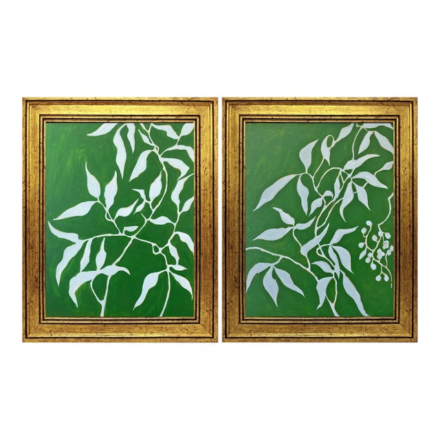 Original Framed Acrylic Botanical Painting Organic Boho Art Floral Wall Art by Tatiana Duperault For Sale