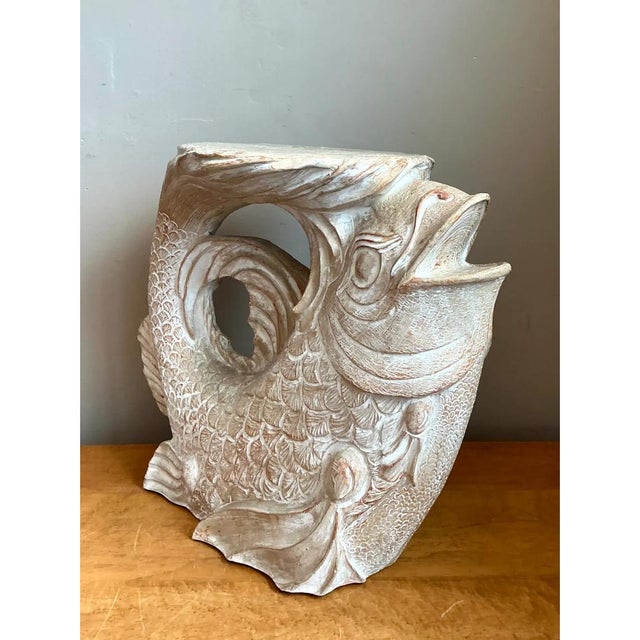 Hollywood Regency Vintage Washed Ceramic Koi Low Stool For Sale - Image 3 of 12