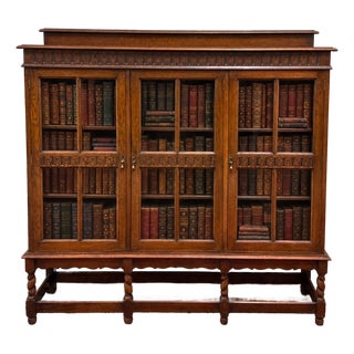 Antique English Jacobean Bookcase Bookshelf Cabinet Triple Glass Door Oak C1930s For Sale
