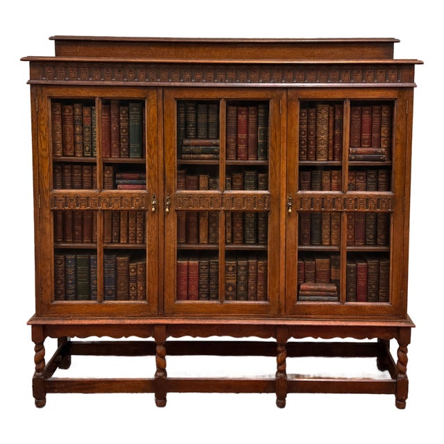 Antique English Jacobean Bookcase Bookshelf Cabinet Triple Glass Door Oak C1930s For Sale