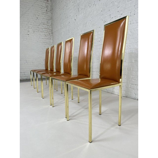 Metal Cognac Leather and Brass Chairs by Renato Zevi, 1970s, Set of 6 For Sale - Image 7 of 7