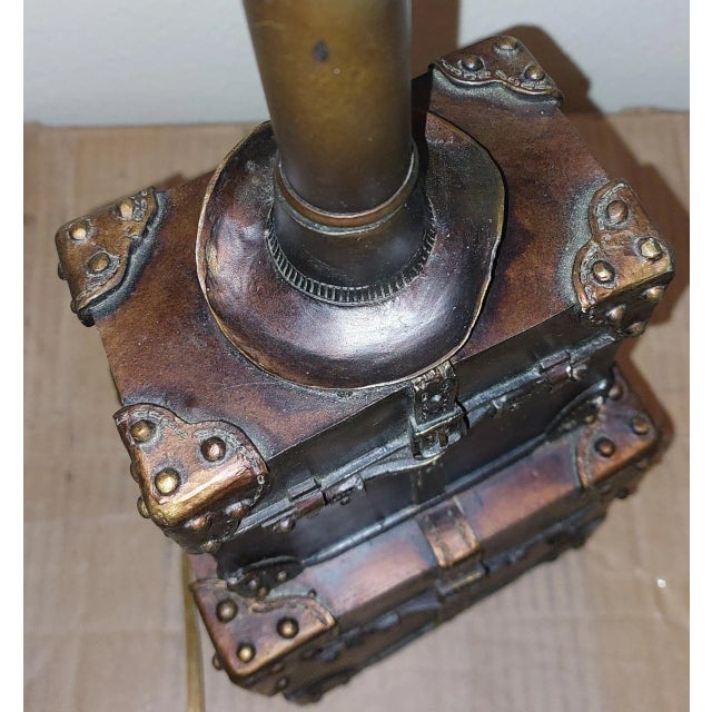 Rustic 1980s Metal Table Lamps, Leather Stacked Steamer Travel Trunks with Harps and Finial - a Pair For Sale - Image 3 of 7