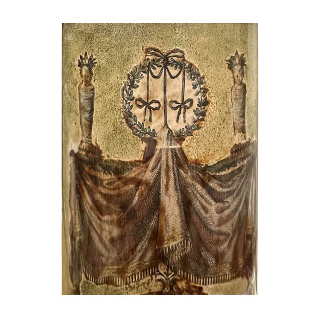 A gorgeous, mid century glass column lamp. Features a neoclassical figural scene on a faux marbled ground. Applied and...
