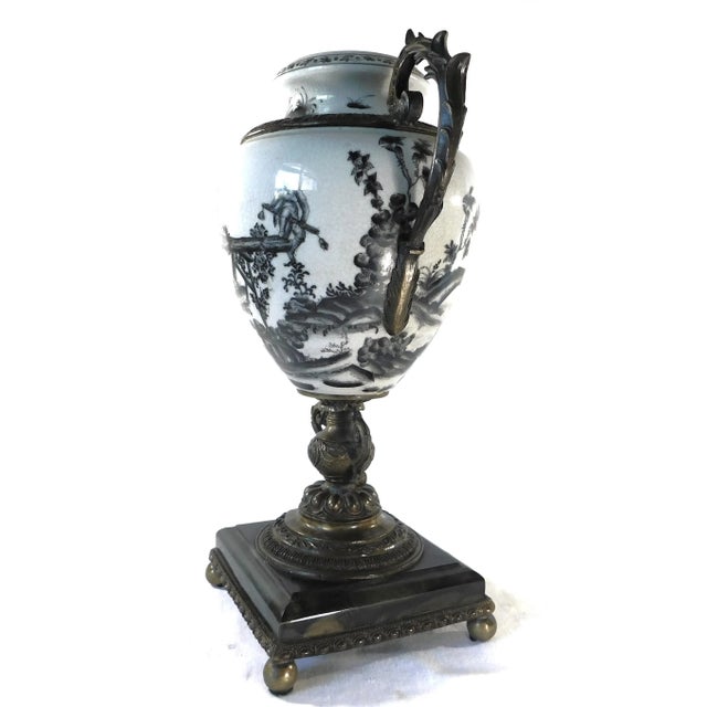 Mid Century Black & White Porcelain Bronze & Marble Pedestal Urn Vase For Sale - Image 10 of 12