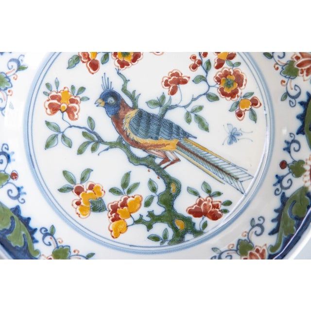 Vintage Dutch Delft Faience Polychrome Floral Bird Wall Charger Plate For Sale In Houston - Image 6 of 8