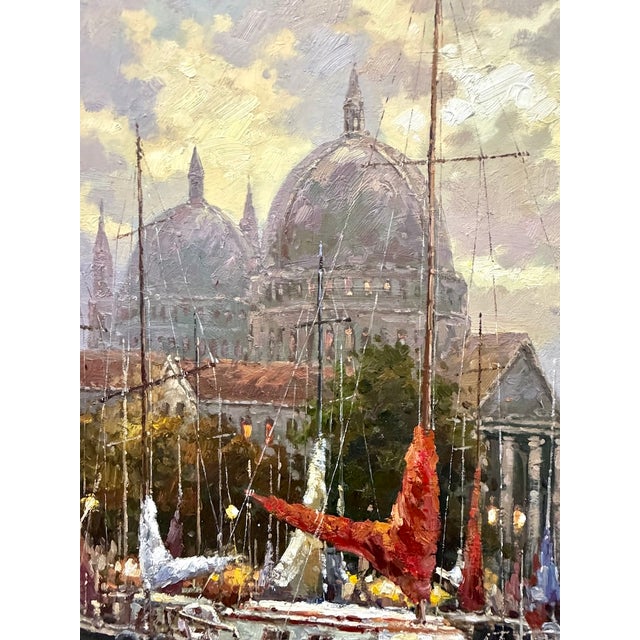 Large Vintage Signed Harbor Scene Painting For Sale - Image 9 of 13
