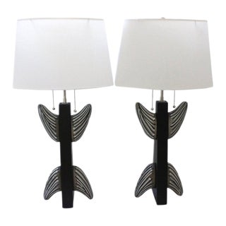 Midcentury Modern Table Lamps French Artisan Made "Totem" With New Custom Linen Shades - a Pair For Sale