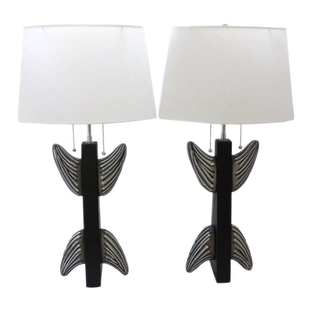 Midcentury Modern Table Lamps French Artisan Made "Totem" With New Custom Linen Shades - a Pair For Sale