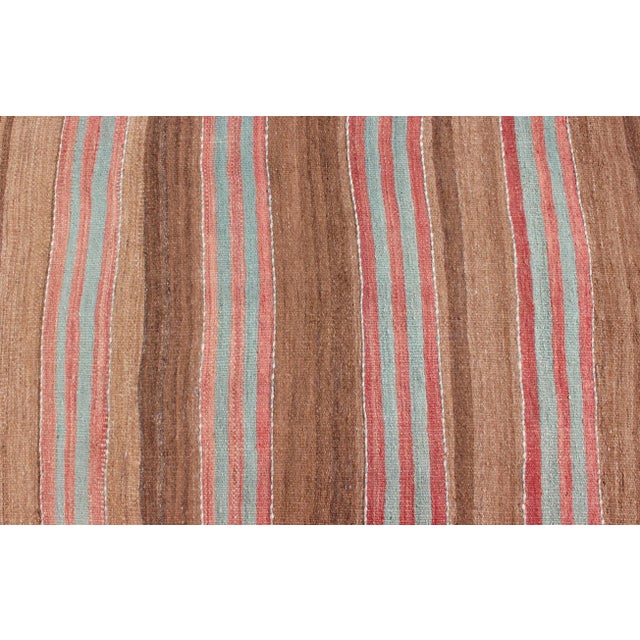 Mid 20th Century Vintage Turkish Kilim With Soft Brown, Rose, and Aqua Stripes 2'9 X 6'0 For Sale - Image 5 of 9