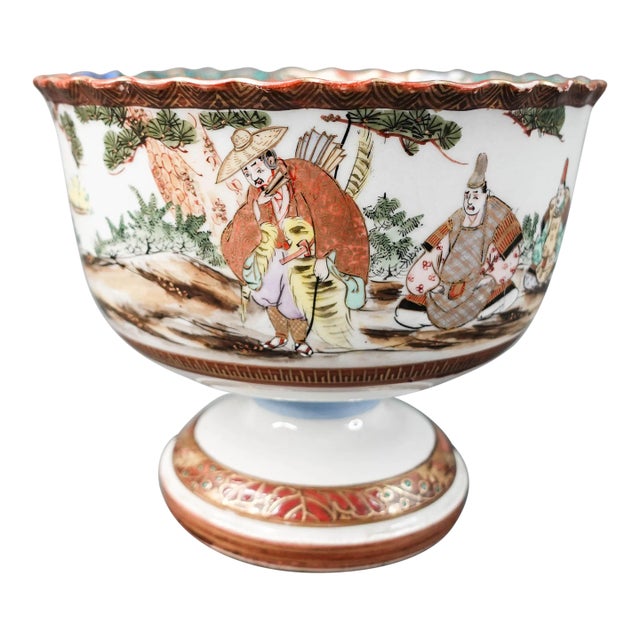 Antique 1900s Japanese Kutani Polychrome Porcelain Stem Cup Bowl For Sale