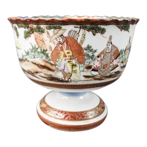 Antique 1900s Japanese Kutani Polychrome Porcelain Stem Cup Bowl