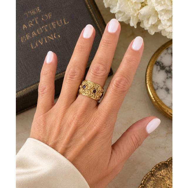 Vintage 1970s Etruscan Revival 14k Gold Ruby Wide Band Ring, Size 7.5 For Sale - Image 10 of 10