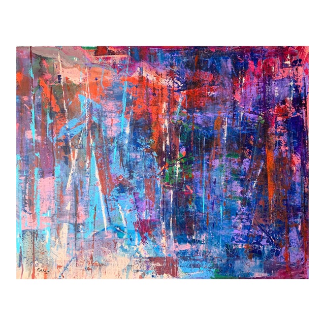 Original Signed Abstract Painting Blues Reds by Arlene Carr For Sale