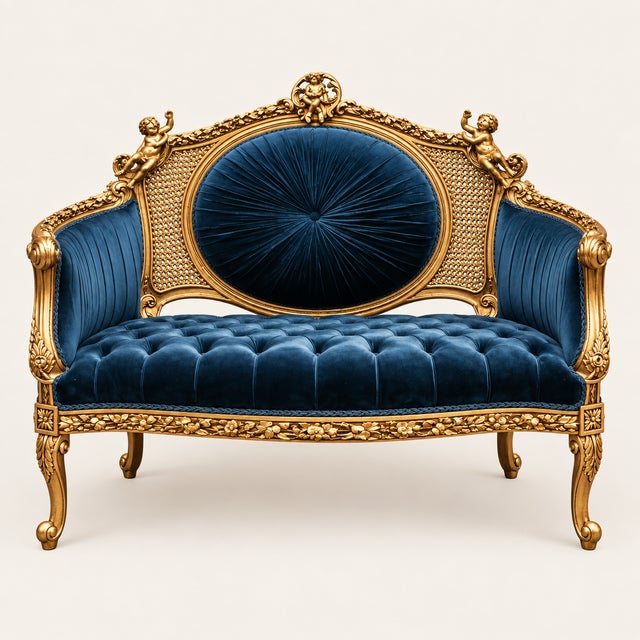Make a sophisticated statement with this French-inspired settee, featuring rich dark bottle green velvet upholstery, deep...