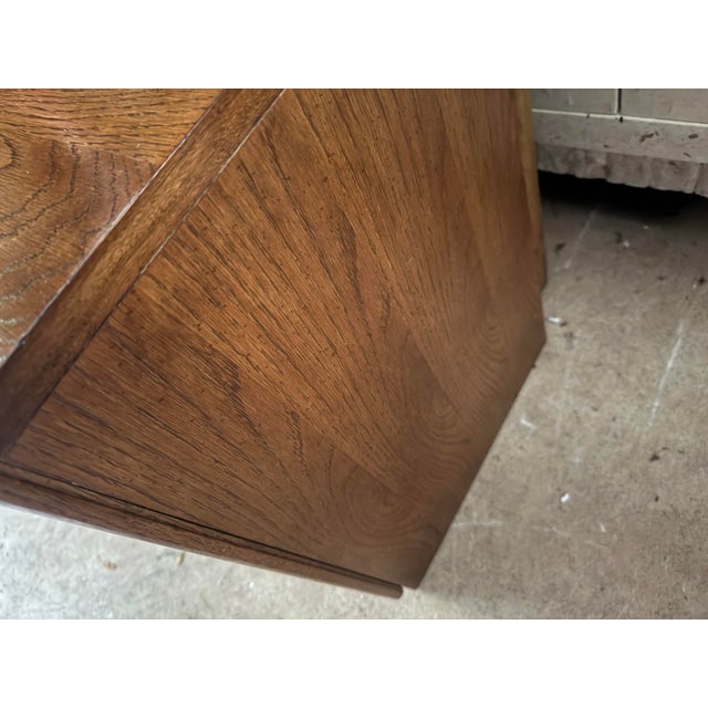 A Pair of Vintage Bassett Sculptural Oak Nightstands With Architectural Drawer Fronts For Sale - Image 11 of 11