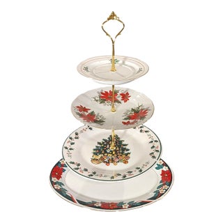 Custom Four-Tier "Poinsettias & Holly" Christmas China Serving Stand For Sale