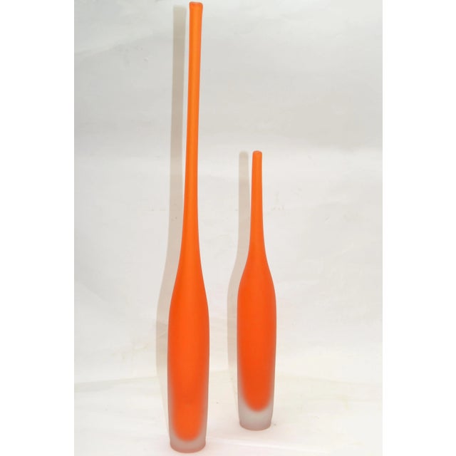 Set of Orange Scavo Glass Murano Art Glass Bud Vases, Vessel, Decanter Mid-Century Modern made in Italy in 1980. Smaller...