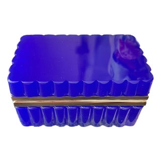 1960s Cobalt Italian Opaline glass casket with gold mounts and scalloped sides For Sale