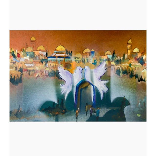 Ben Avraham Nhamani Hand signed by artist to corner. Depicts doves over an archway leading to Old City Jerusalem...