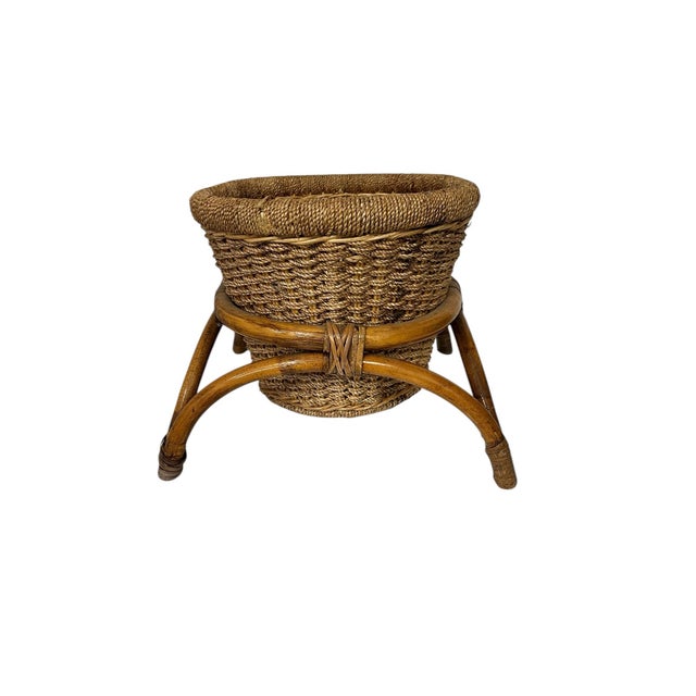 Mid Century Bamboo Rattan Basket Planter For Sale - Image 4 of 12