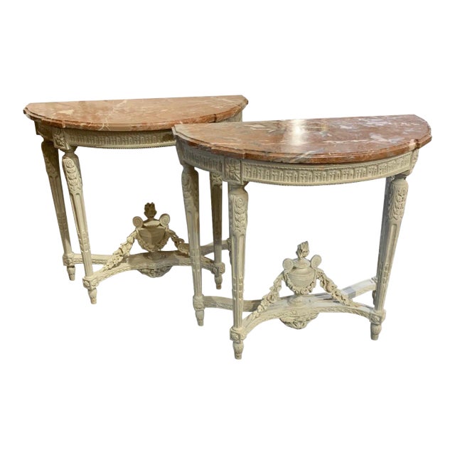 18th Century French Louis XVI Style Carved and Painted Consoles - A Pair For Sale