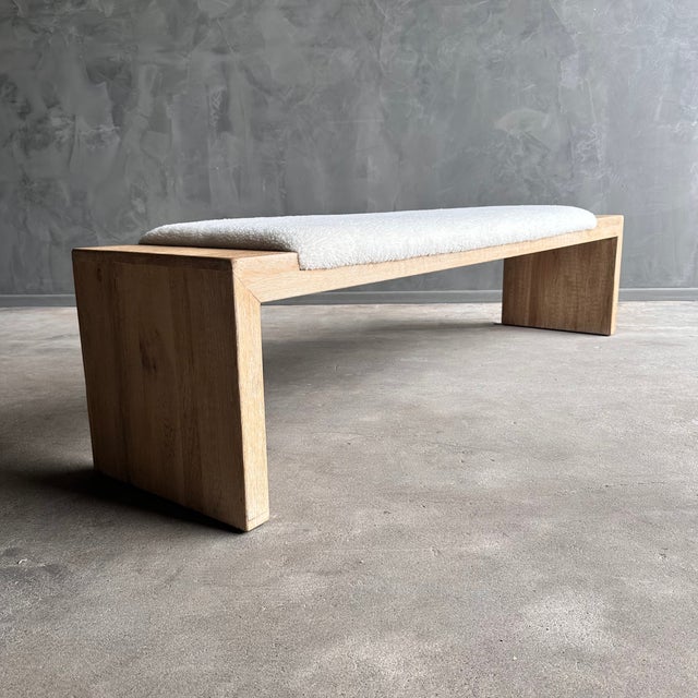 Casi White Oak Bench in Natural Finish Upholstered in Faux Sherpa - Off Center For Sale In Los Angeles - Image 6 of 8