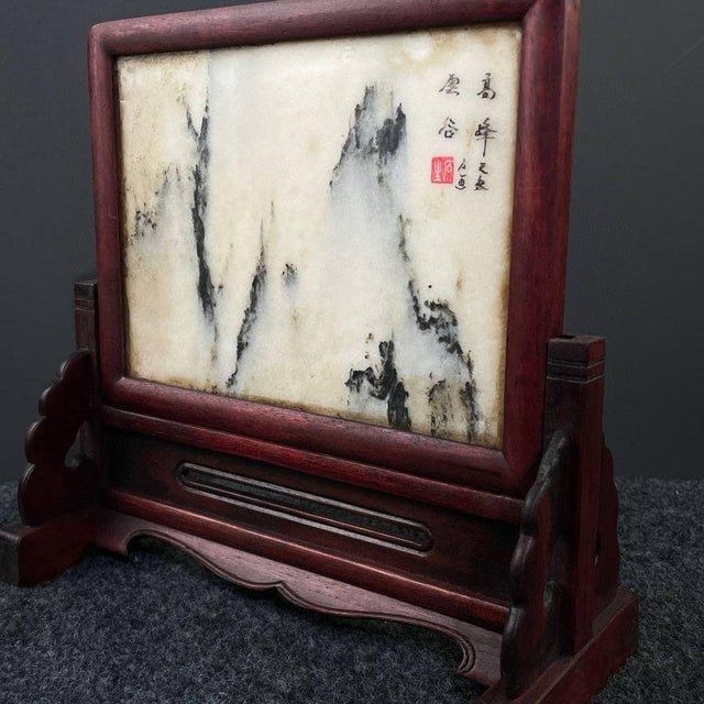 Red Marble Landscape Table Screen, Rosewood Framed Natural Stone Painting Desk Screen For Sale - Image 8 of 9