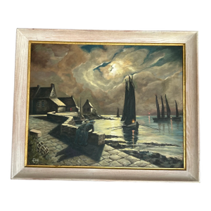 1950’s Vintage New England Seaport Modernist Painting in Original Frame