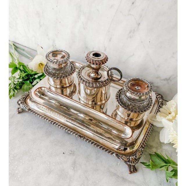 Rare Early 19th Century Old Sheffield Plate Inkwell Stand With Original Cut Glass Inserts, Circa 1820 For Sale - Image 9 of 10