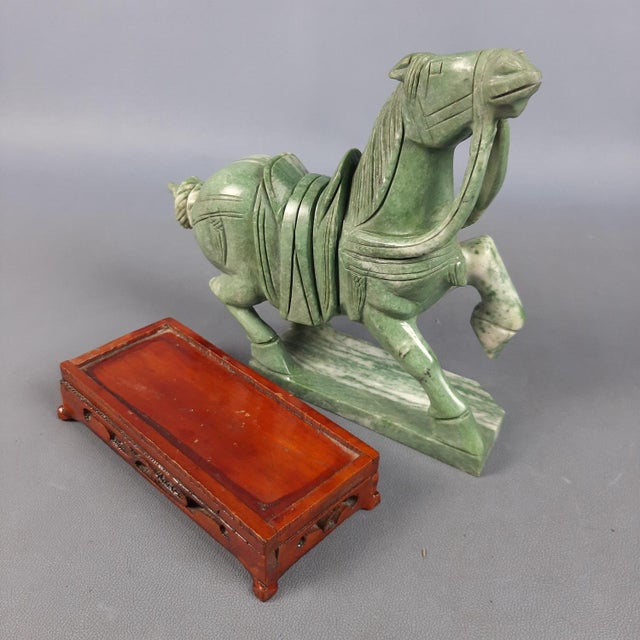 Brown Chinese Jade Horse Sculpture on Wooden Base, 20th Century For Sale - Image 8 of 18