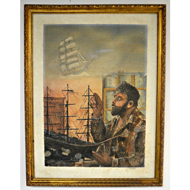 This is an oil painting on burlap, very peculiar and rare, with gilt wooden frame in which is shown a studio scene of a...