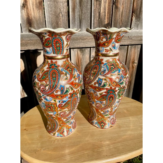 Pair of Early 20th Century Asian Hand Paisley Painted Vases For Sale - Image 12 of 12