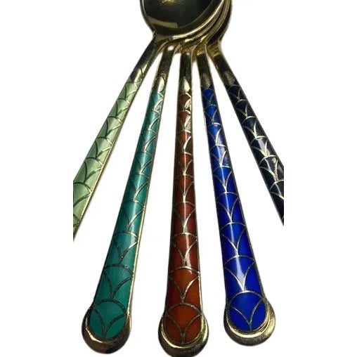 5 Colorful Vintage J Tostrup Norway Enamel Spoons, Gold wash on Solid Sterling Silver. In Beautiful Condition.