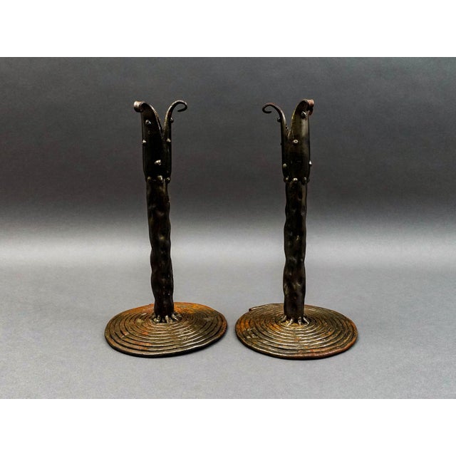 Vintage Brutalist Studio Iron Metal Art Candlestick Candle Holder Pair. Unsigned. Measures approximately 6 1/8" diameter,...