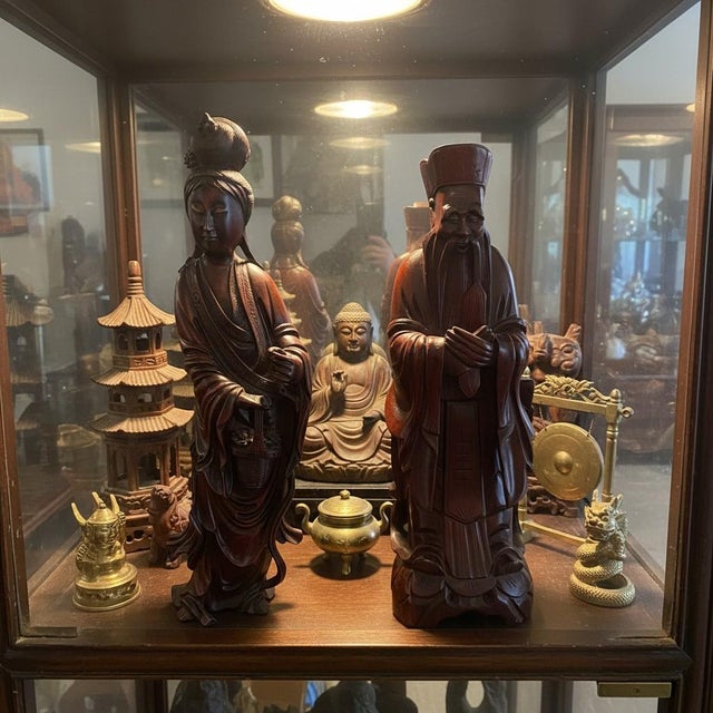 Late 20th Century Hand Carved Chinese Guanyin & Scholar Figures Pair-Rosewood-Asian-Sculpture-Kwan For Sale - Image 11 of 11