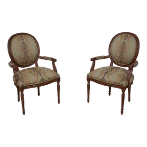 Pair Ethan Allen French Medallion Back Armchairs